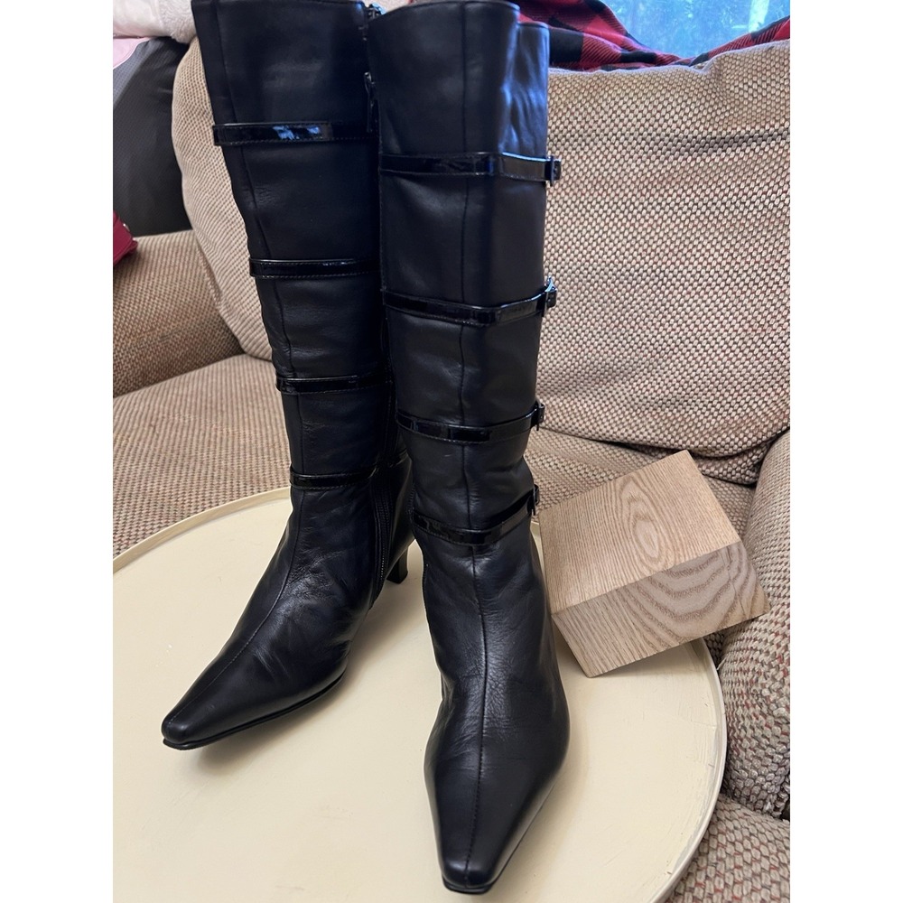 Ros Hommerson Black Leather Knee High Boots Square Toe Kitten Heel 6.5 133312